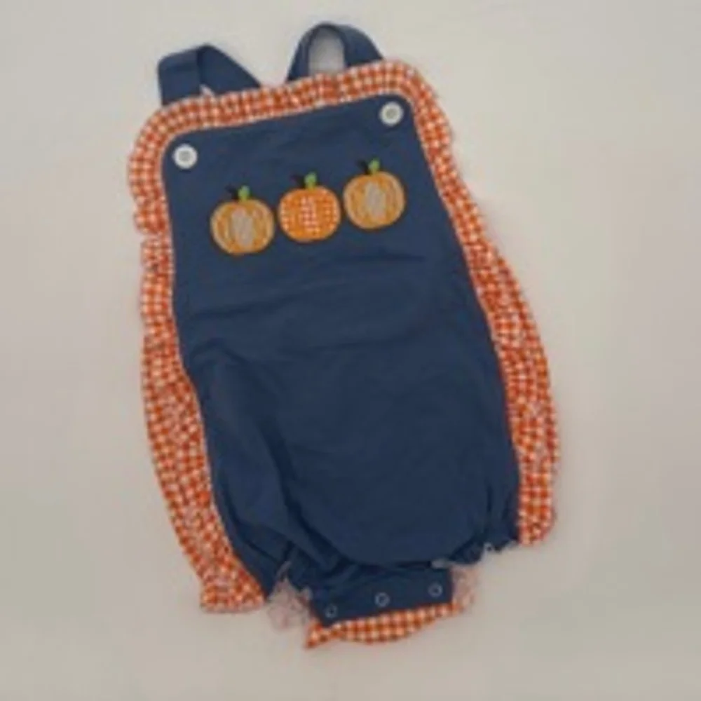 Girls Pumpkin Romper Size 3T Blue Orange